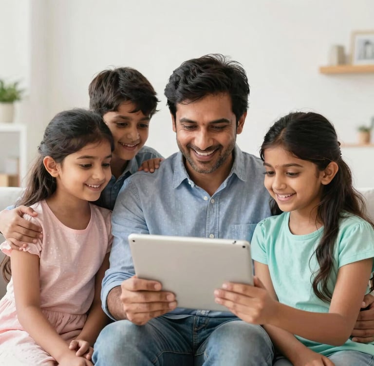 Portrait of a modern Indian family looking at a tablet, bright natural daylight, warm optimistic tones, clean commercial style, off-center subject