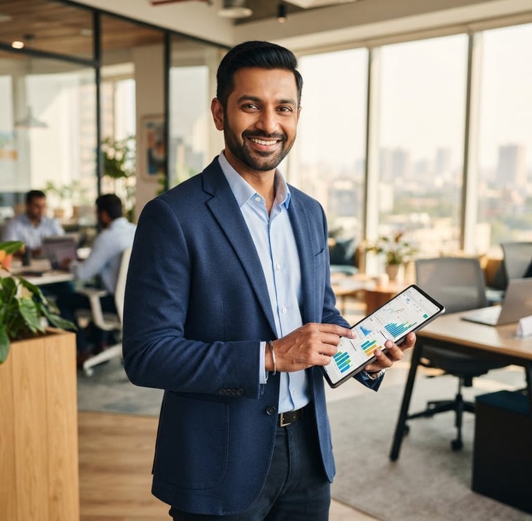 A professional Indian man in a smart casual blazer smiling warmly, holding a tablet showing financial charts, bright modern office background, natural daylight