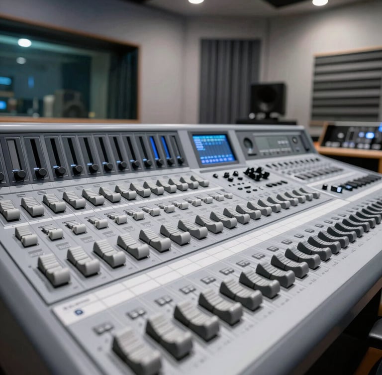 Flat-lay close-up of professional broadcasting equipment in a modern recording studio, cool gray tones, sharp focus, bright clean lighting