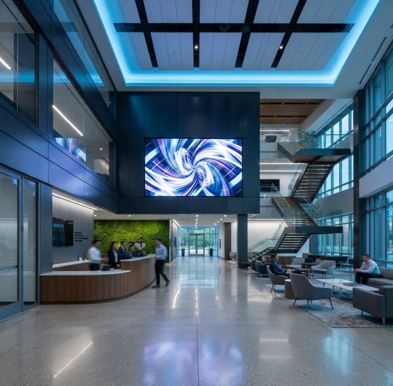 Wide environmental shot of a modern corporate lobby with a high-contrast digital signage screen on the wall, cool blue architectural lighting, sharp focus