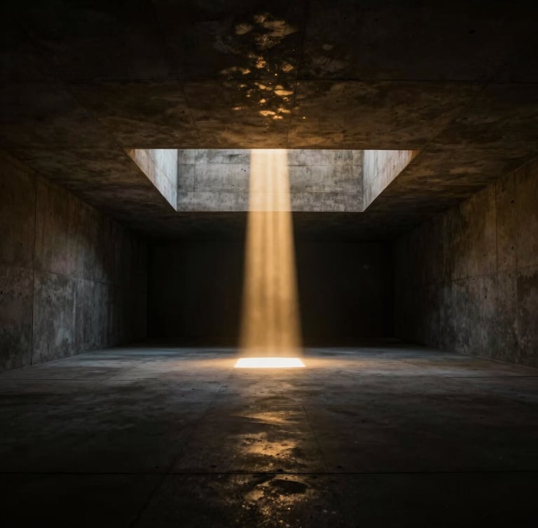 Wide cavernous concrete gallery space sliced by a single sharp vertical beam of warm golden light, absolute center-composition, high contrast, cinematic atmosphere