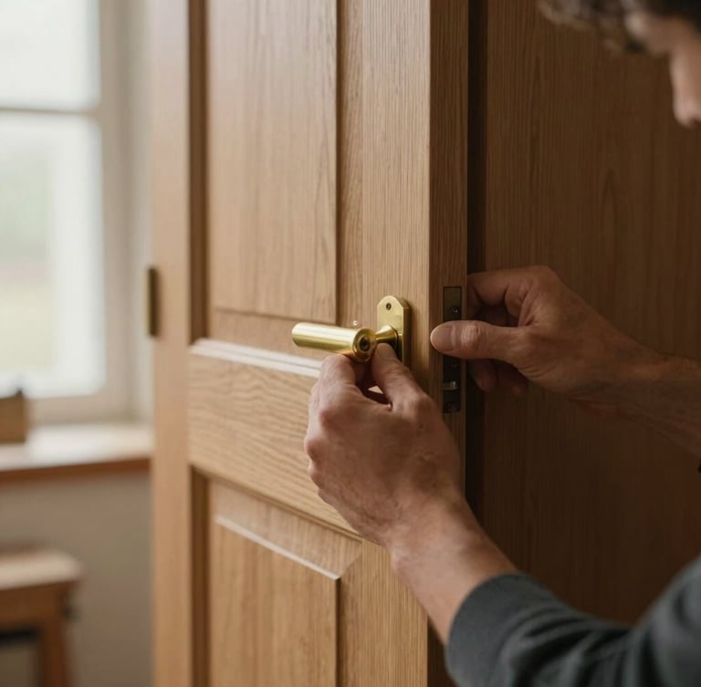 Close-up of a master carpenter fitting a brass door handle onto a custom oak cabinet, warm natural light, shallow depth of field, 35mm lens.