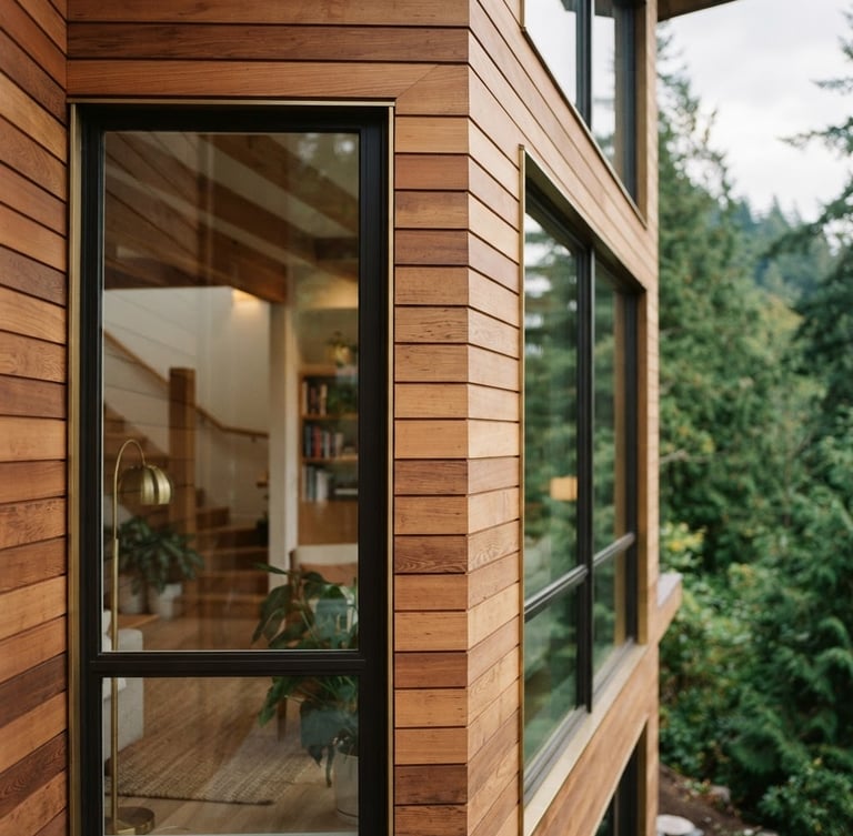 Architectural elevation of a modern West Coast home in North Vancouver, soft natural window light, mitered cedar siding, shallow depth of field, 35mm lens.