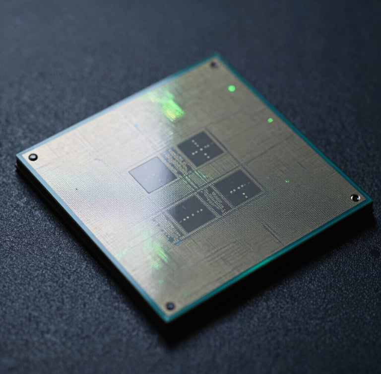 Macro shot of a high-tech silicon wafer under cool high-contrast industrial lighting, sharp metallic textures, deep slate background with subtle neon green reflections, 50mm lens.