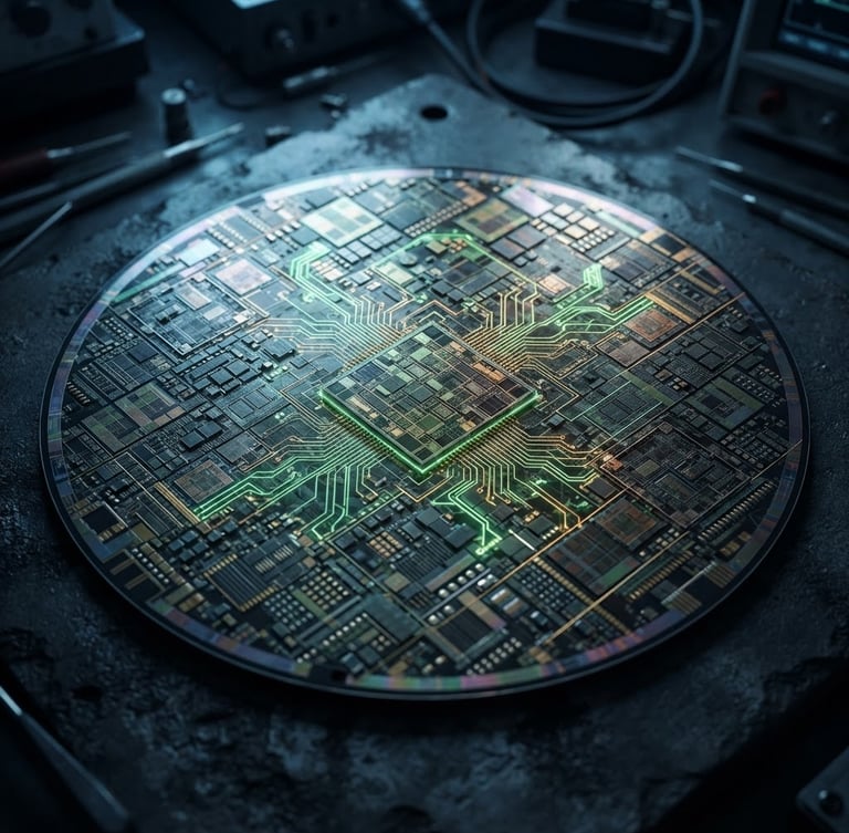 Macro shot of a silicon wafer on a dark industrial surface, glowing with subtle neon green and amber data overlays, cool high-contrast lighting, sharp metallic textures.