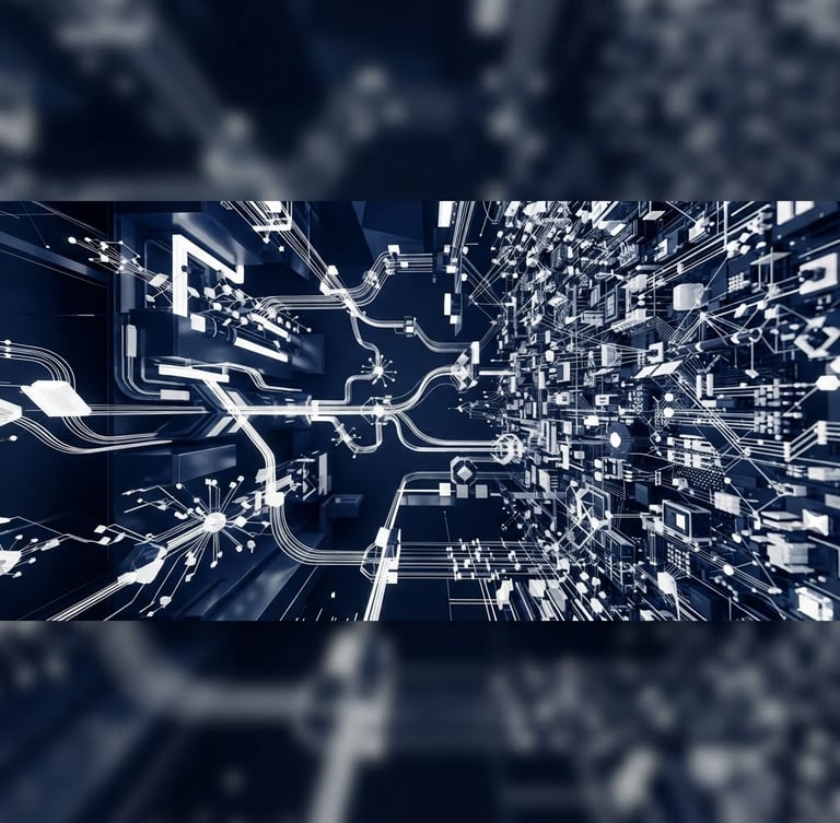 Wide panoramic abstract 3d render, geometric data visualization representing a complex data pipeline, deep navy and stark white, crisp lighting, high contrast, macro detail on the right third.