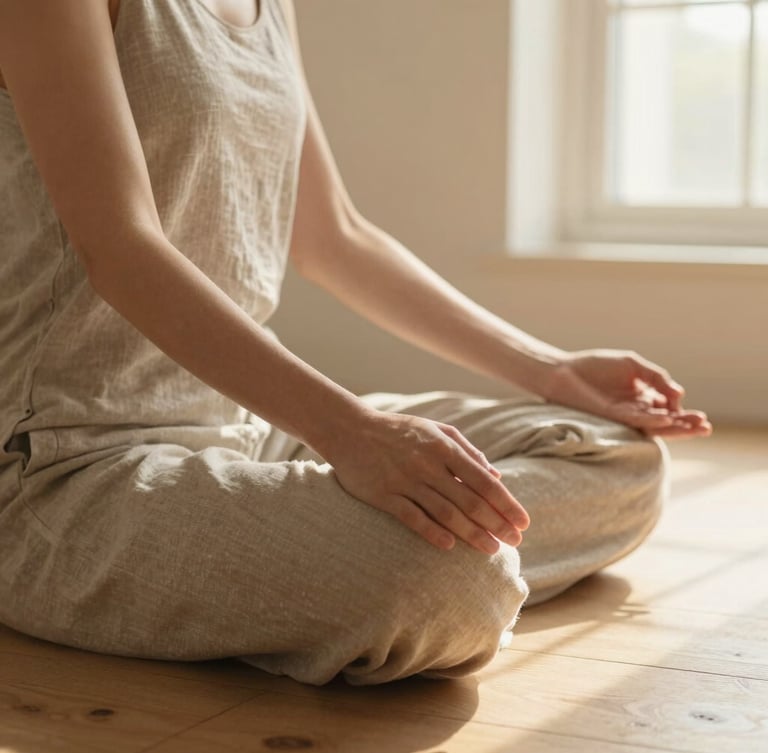 Hands of a woman resting gently on her knees in a meditative posture, soft morning window light, natural wood floor, linen textures, warm editorial photography