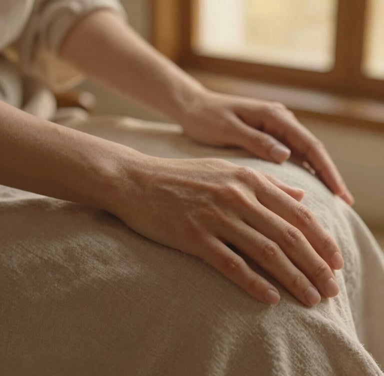 Close-up of hands resting gently on soft organic linen fabric, warm golden hour light, shallow depth of field, earthy tones