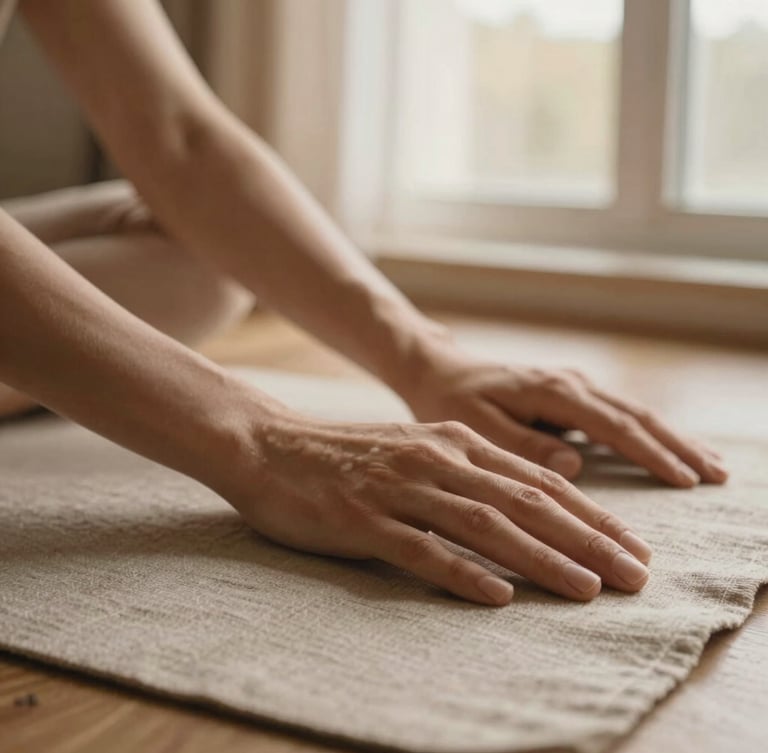 Warm diffused morning window light, close-up of hands resting gently on linen fabric during a somatic yoga pause, earthy tones, shallow depth of field, 35mm