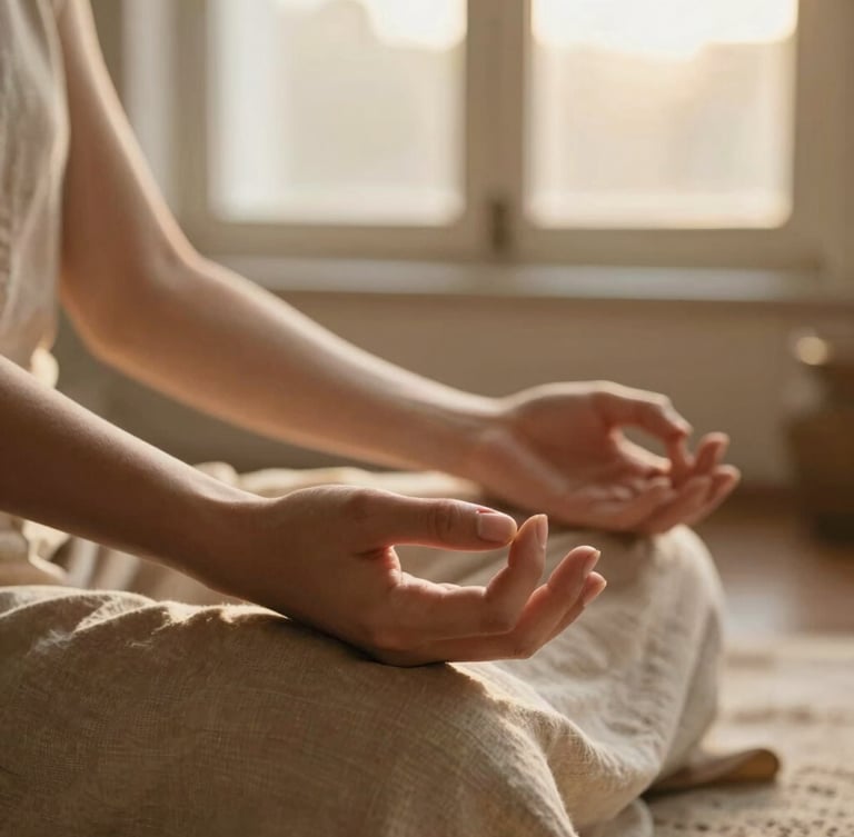 Warm editorial photography of soft golden-hour window light, close-up of hands resting in a gentle mudra on natural linen fabric, shallow depth of field, 35mm