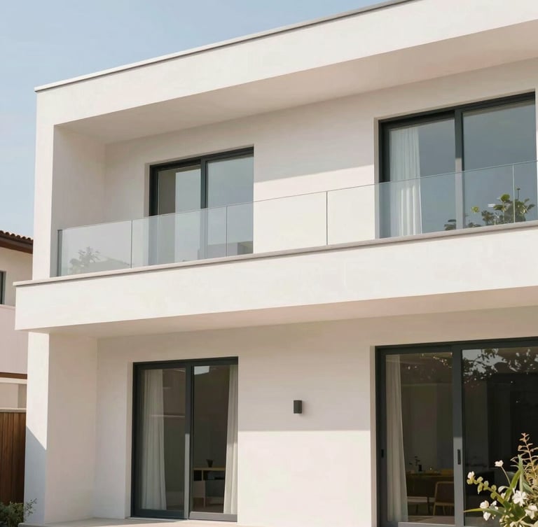 Bright sunlit modern home exterior with clean architectural lines, soft natural daylight, pastel color accents, minimalist composition, 35mm lens