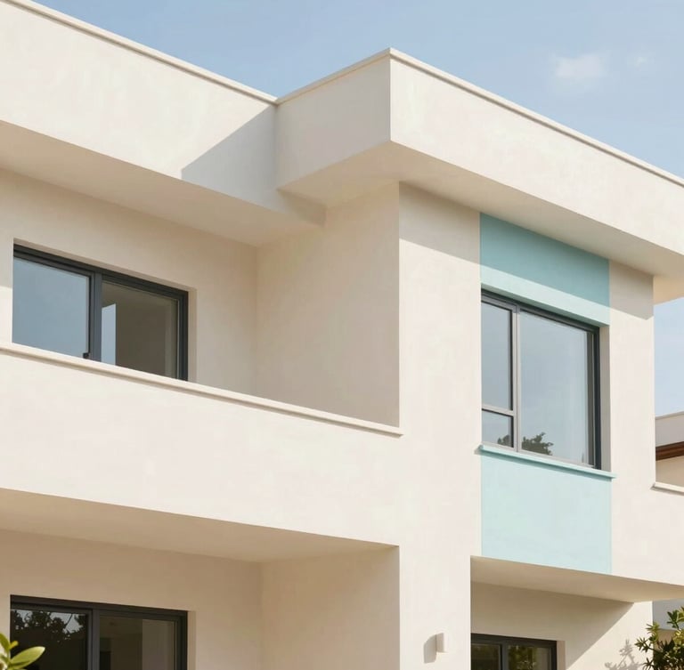 Bright sunlit detail of a modern residential home exterior, clean architectural lines, pastel cream and light blue accents, soft natural daylight, minimalist architectural composition, high-end real estate style, 35mm lens