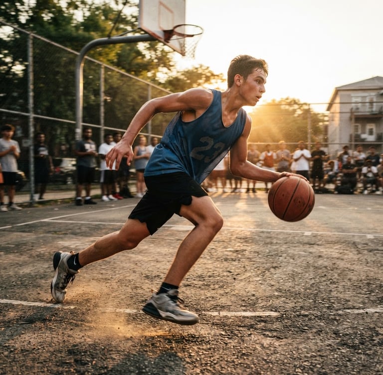 Dynamic low-angle shot of a teenager driving to the hoop on an outdoor asphalt basketball court, golden hour sunlight catching the dust, authentic motion blur