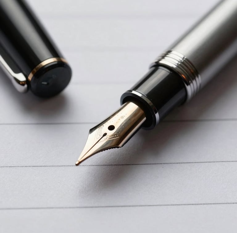 Tight macro detail of a heavy steel fountain pen resting on textured legal paper, sharp directional office lighting, stark shadows.