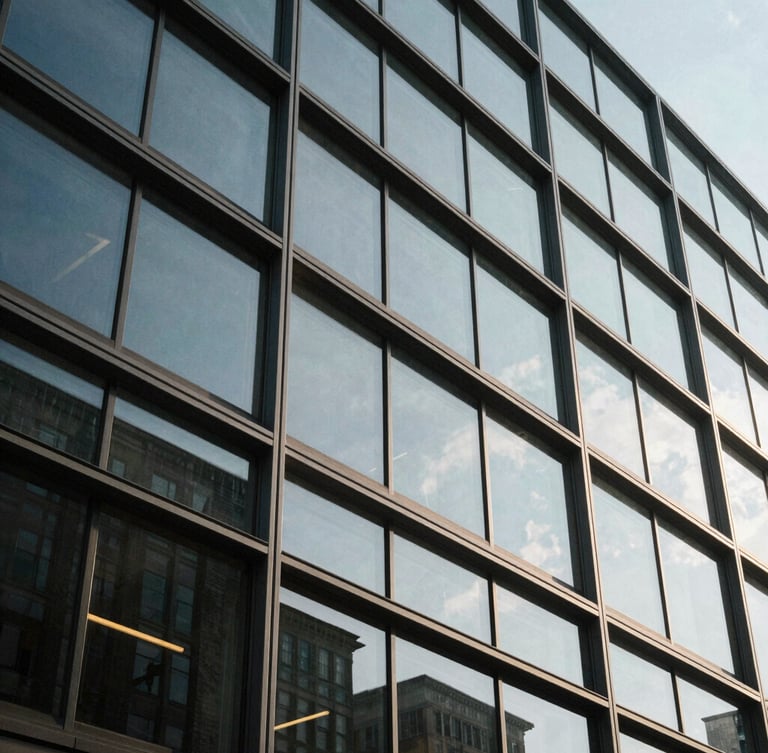 Low-angle architectural crop of a modern glass and steel office facade in Wilmington, sharp directional daylight, structured shadows, minimalist composition.