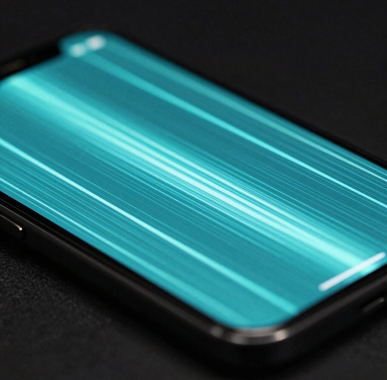 Ultra-sharp macro shot of a glowing neon-cyan smartphone screen showing fast-paced motion graphics in a dark studio, high-key direct digital illumination