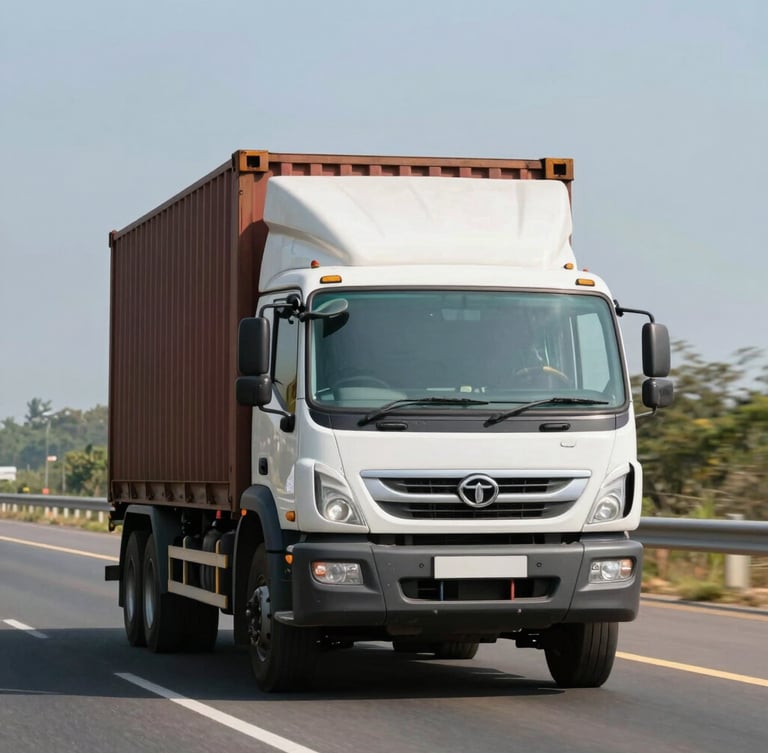 A real Indian container truck, modern Tata Signa model, in transit on a bright highway under clear daylight, straight-on profile view
