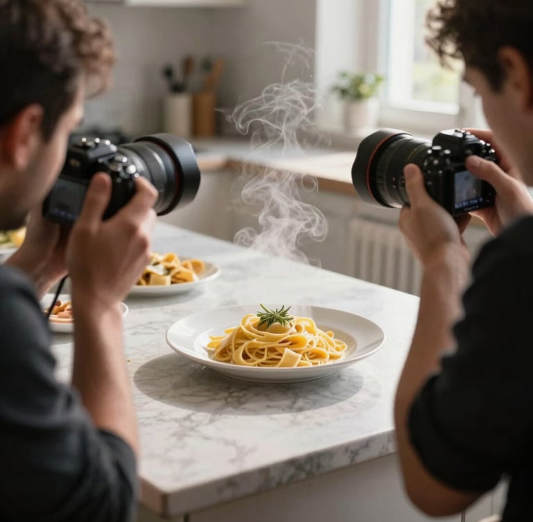 Candid over-the-shoulder shot of an agency photographer capturing steam rising from a fresh plate of handmade pasta in a sunlit Scandinavian-style kitchen.