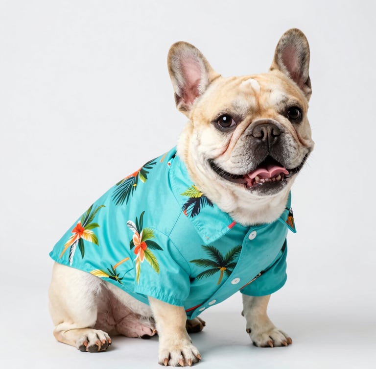 Bright studio photography of a happy French Bulldog wearing a custom-tailored vibrant turquoise tropical shirt, sitting comfortably, eye-level shot, cheerful natural lighting, crisp details, shallow depth of field