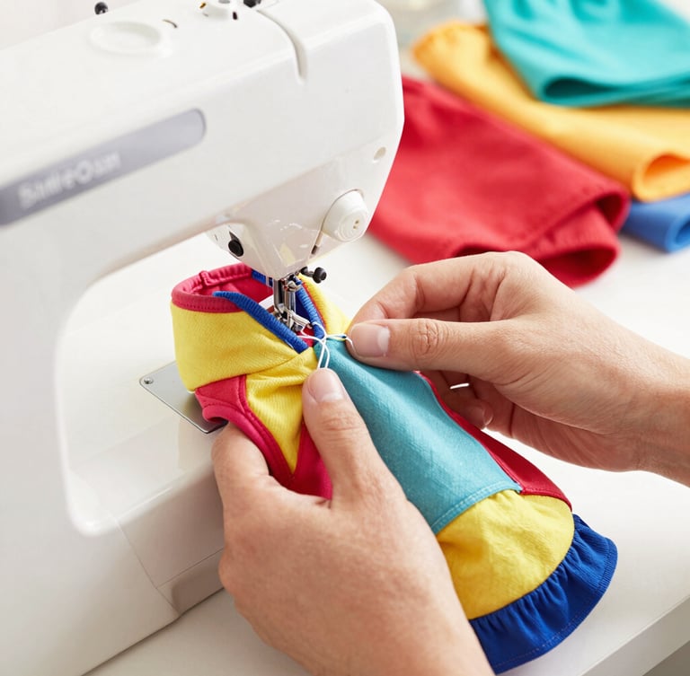 Close-up of artisan hands carefully stitching a tiny colorful pet hoodie with a sewing machine in a bright, organized workshop, colorful fabrics in background