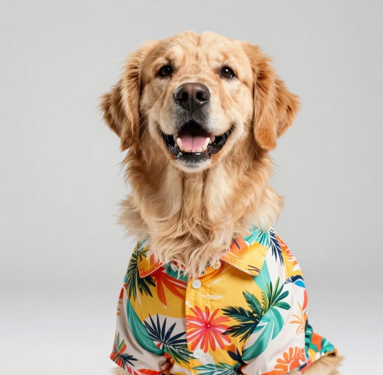 Bright studio photograph of a happy golden retriever wearing a colorful tropical shirt, looking up with a smile, warm natural lighting, soft gray background