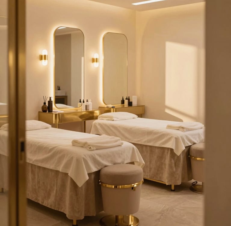 Warm environmental shot of a luxurious beauty salon interior, soft golden-hour light reflecting off gold accents and neutral sand-toned seating, elegant and calm, 35mm