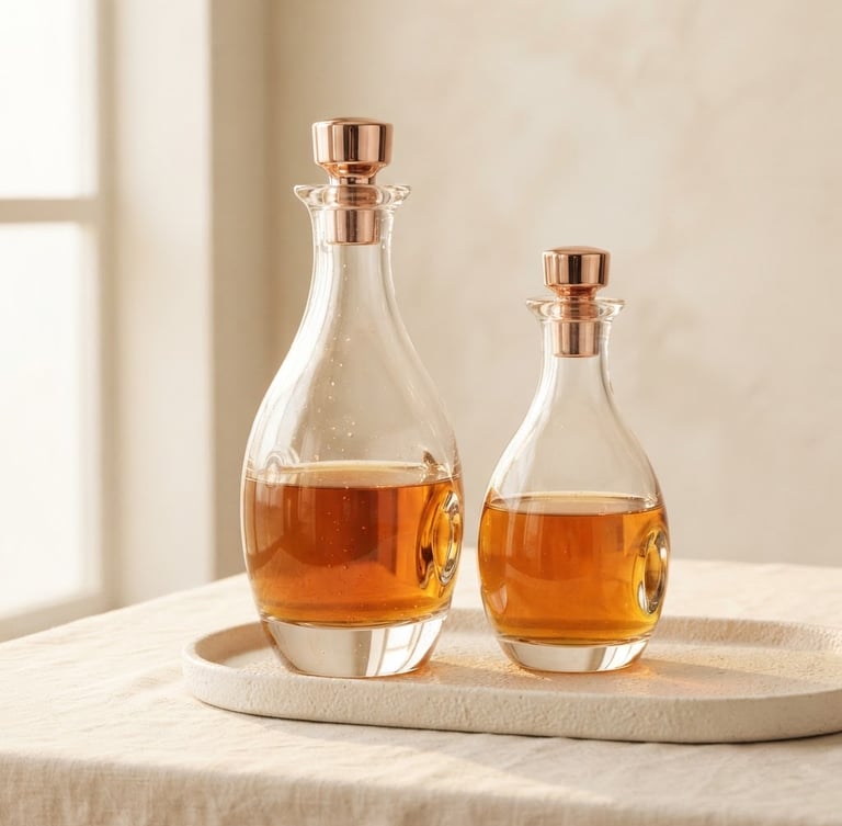 Elegant glass decant bottles catching soft golden-hour studio light, warm off-white background, premium minimalist composition