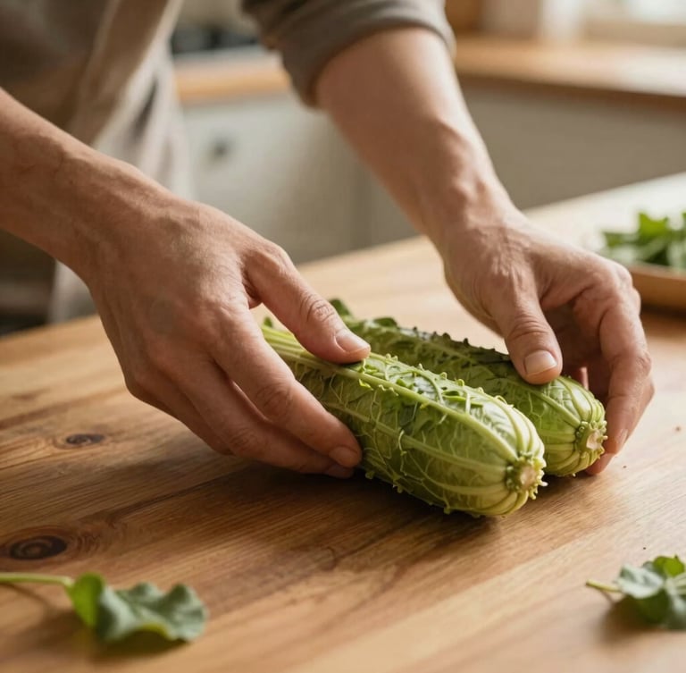 Close-up of hands preparing fresh whole foods on a warm wooden table, soft morning daylight, rustic kitchen background, authentic and warm editorial style
