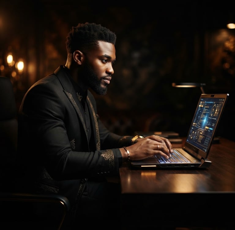 Confident young Equatoguinean man in a tailored black suit with subtle gold embroidery, working on a futuristic laptop, warm dramatic studio lighting, dark background, medium format
