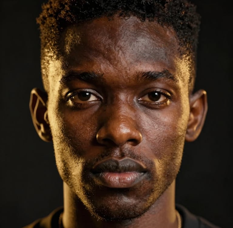 Close-up portrait of a young African tech entrepreneur, sharp focus on eyes, warm golden rim lighting, deep black background, cinematic editorial