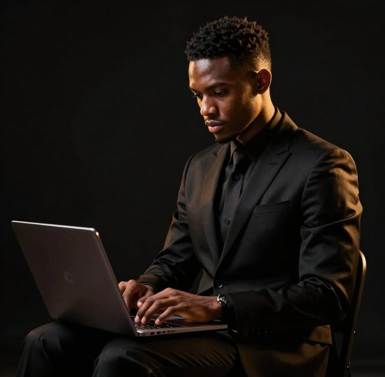 Cinematic editorial portrait of a young Equatoguinean man in a sharp black tailored suit, working on a laptop with golden ambient light, high-contrast dramatic studio lighting, deep blacks.