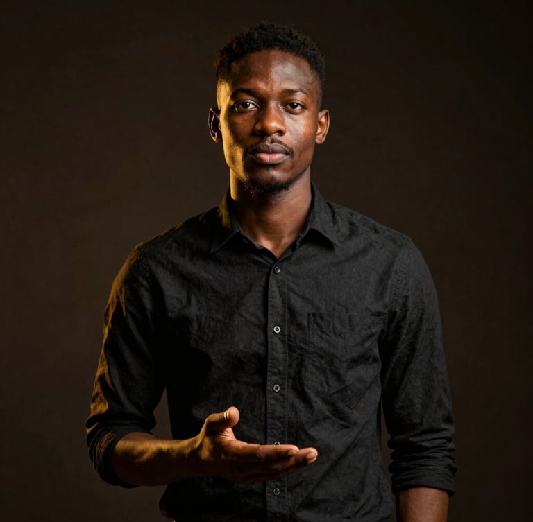 Medium-close portrait of a young African man presenting a business model, high-contrast dramatic studio lighting, rich gold tones.