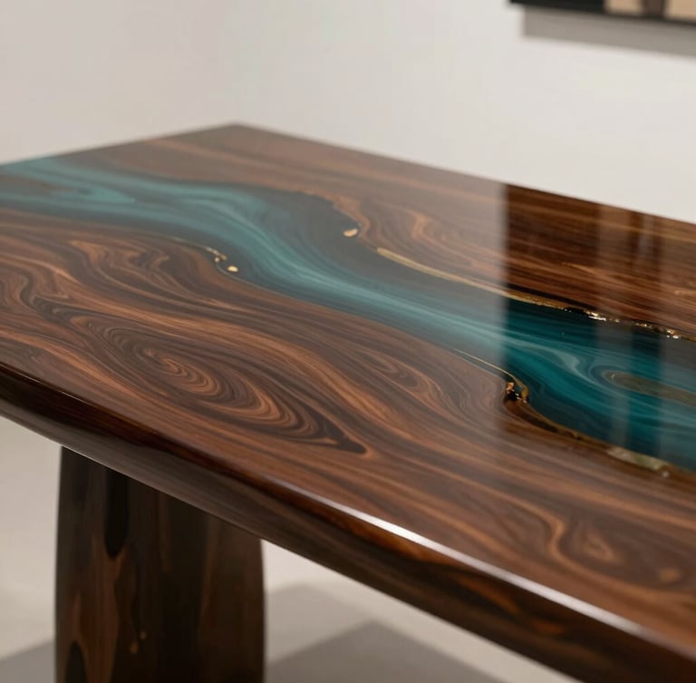 Close-up of a glossy, flawless rich brown and deep teal epoxy resin table surface being polished, minimalist gallery setting, soft side-lighting