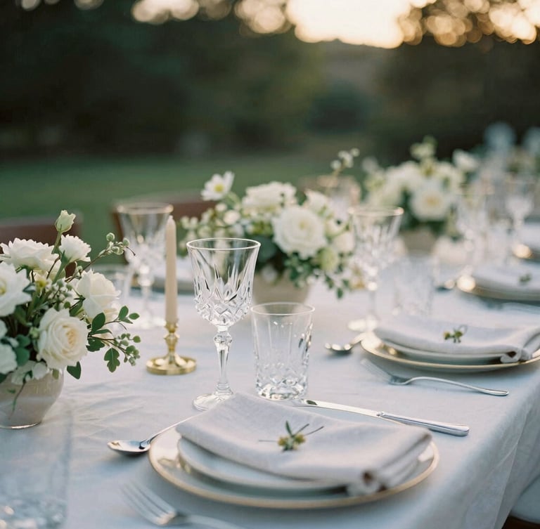 Close-up macro shot of a meticulously arranged outdoor wedding tablescape at golden hour, featuring crystal clear glassware, fine linen napkins, elegant floral centerpieces, and premium tableware, with soft, warm light catching the details.