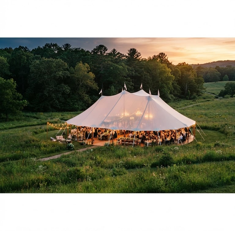Wide panoramic view of a luxurious white sailcloth tent illuminated at golden hour, set in a sprawling green meadow, elegant tablescapes visible inside, structural integrity evident, deep forest tones, warm ambient lighting.