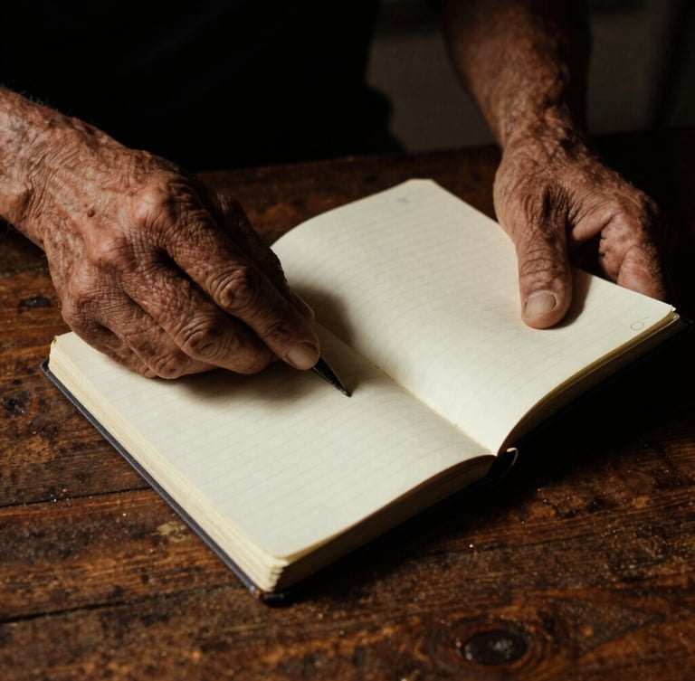 Close-up of weathered hands holding a worn notebook on a dark wooden table, dramatic shadows, warm tungsten light.