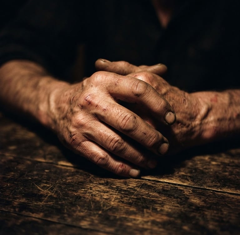 Close-up documentary photograph of weathered, scarred hands clasped together on a dark wooden table, illuminated by a single warm tungsten light source from the side, dramatic high-contrast shadows, raw film grain, 35mm lens.