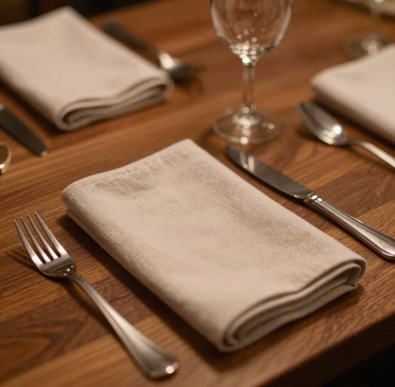 Close-up of a beautifully set dining table with linen napkins, warm low-key evening light, rich wood textures, 35mm editorial photography