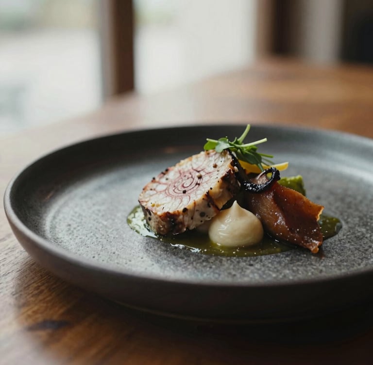 Close-up detail of a beautifully plated signature dish on a dark ceramic plate, soft natural window light, shallow depth of field, rich textures, 35mm.