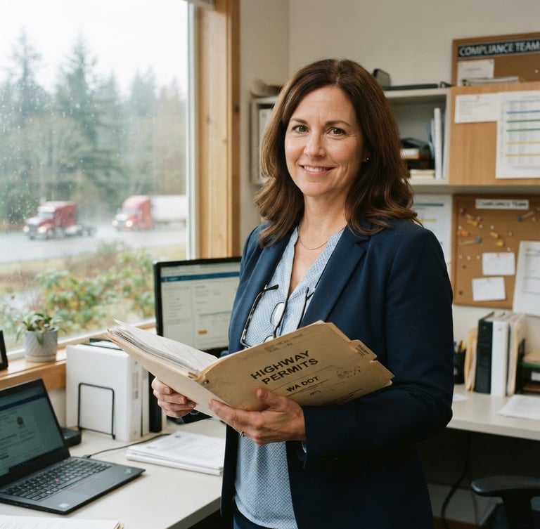 Approachable medium close-up of the professional compliance owner in a bright, organized Pacific Northwest office, holding a highway permit folder, natural overcast window light, 35mm.