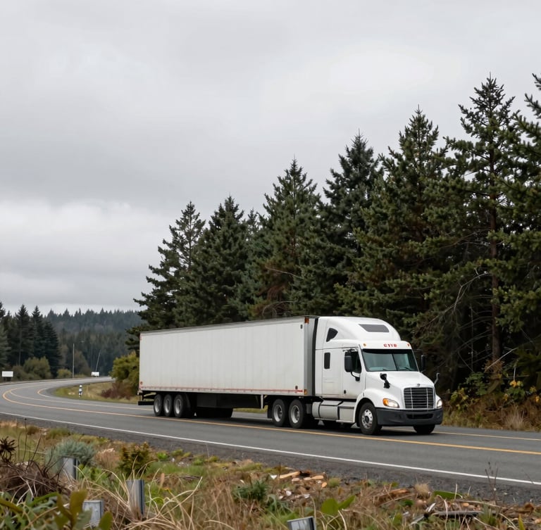 Scenic wide shot of a commercial semi-truck driving along a winding stretch of Interstate 84 in Oregon, overcast sky, pine trees in the background, muted natural tones, 35mm.