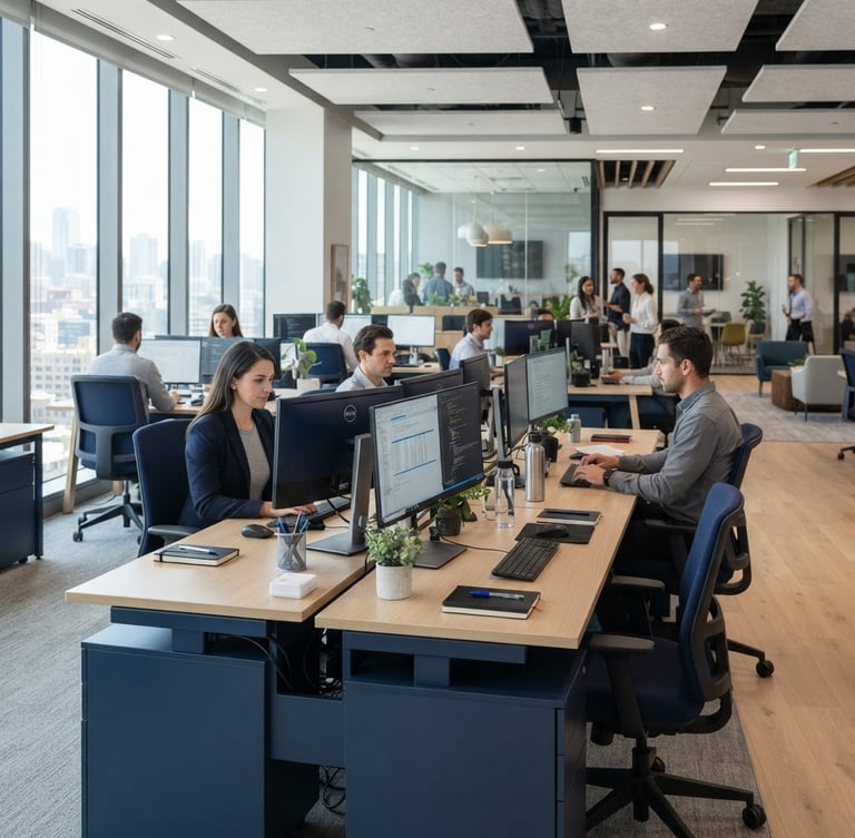Bright, modern corporate office interior with clean desks and devices, bathed in natural daylight, professional navy and grey tones.