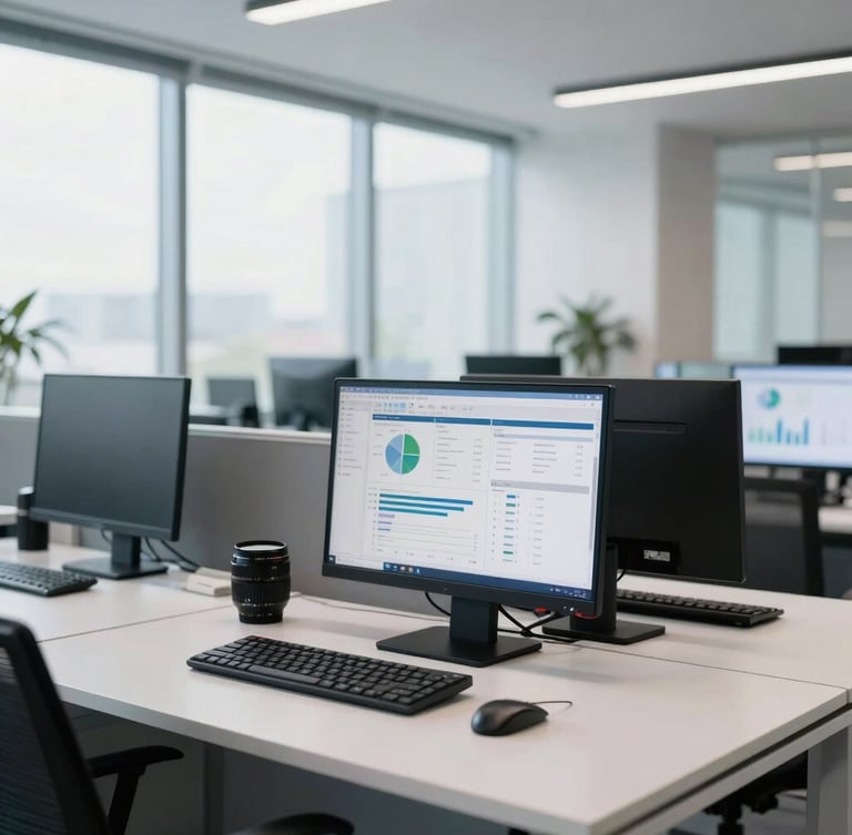 Modern professional office interior, clean desks, devices showing charts, bright natural office daylight, sharp focus, 35mm lens