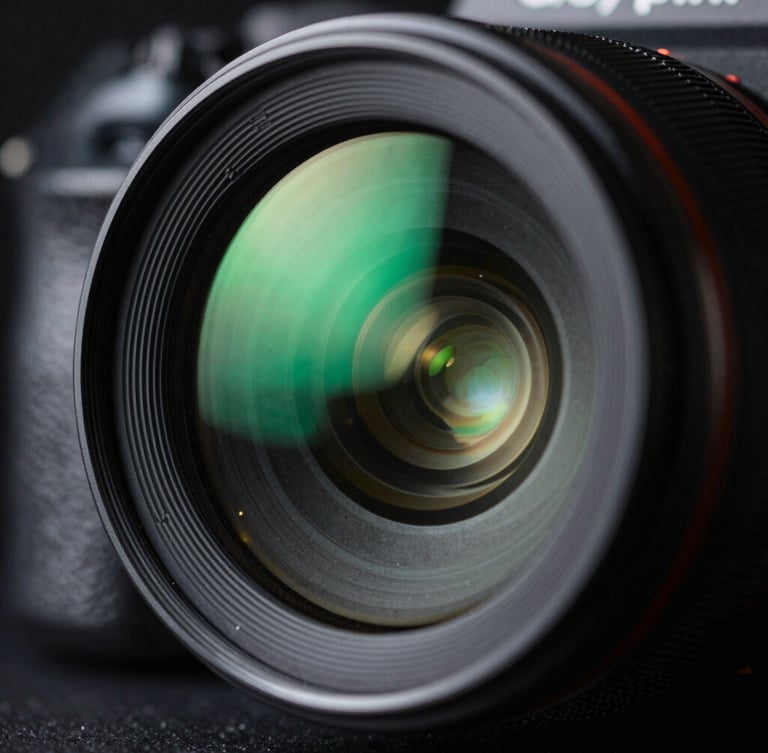 Macro close-up of a high-end camera lens reflecting neon green studio lights, shallow depth of field, technical dark aesthetic.
