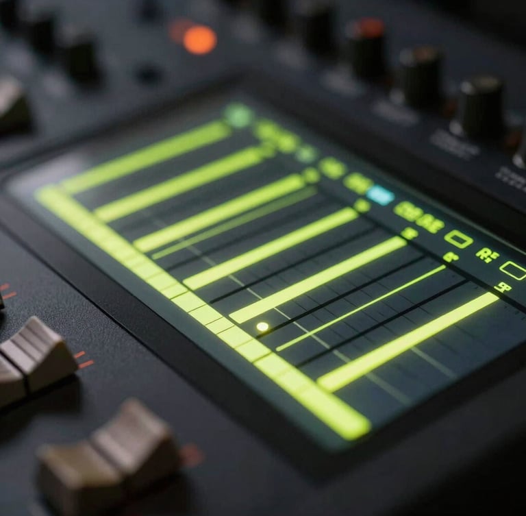 Macro close-up of a high-end video editing console, glowing neon-lime audio levels on a dark screen, moody studio lighting, shallow depth of field.
