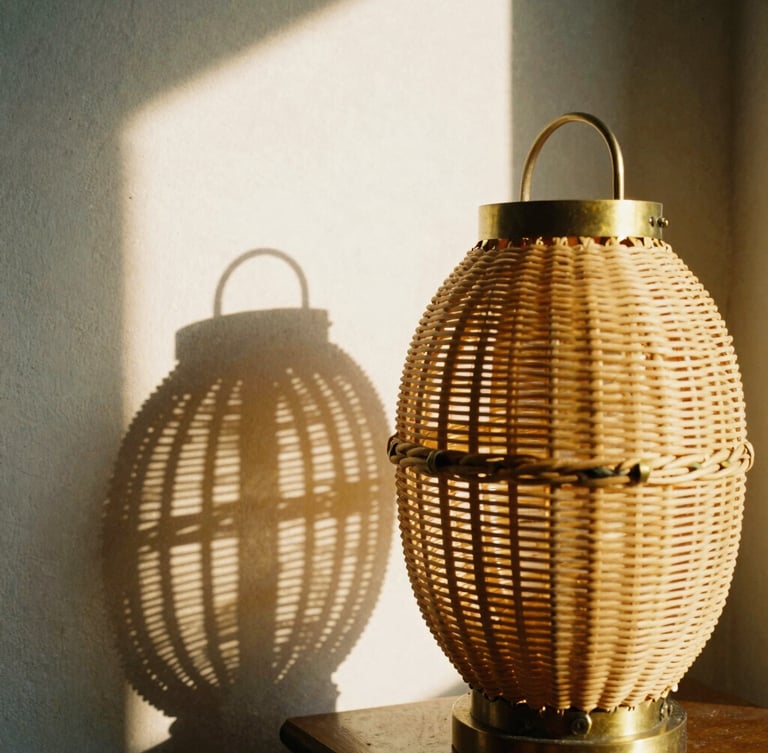 Close-up of a sculptural rattan table lantern with bent brass joints, warm golden-hour light casting intricate woven shadows on a minimalist plaster wall, 35mm film grain, portrait orientation.