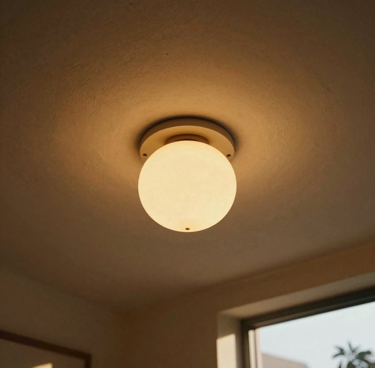 A single globe flush ceiling lamp illuminated at golden hour, casting soft circular shadows on a sand-toned plaster ceiling, warm editorial photography, 35mm film grain