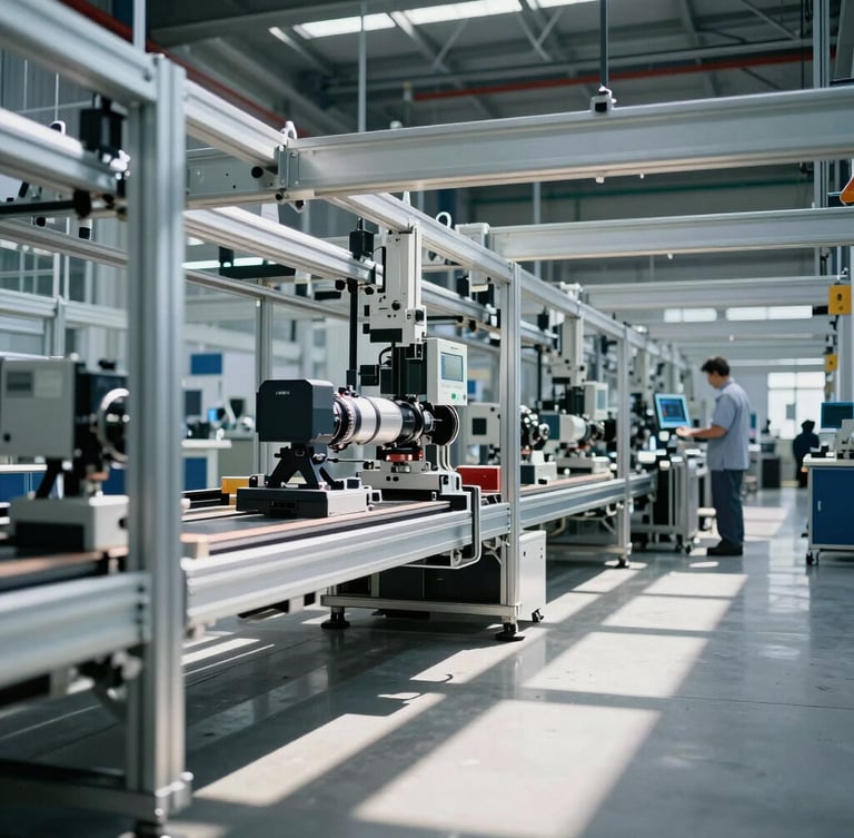 Wide technical perspective of a modern automated assembly line, clean geometric steel frames, sharp shadows under cool industrial daylight, unposed technician monitoring a digital terminal in the background.