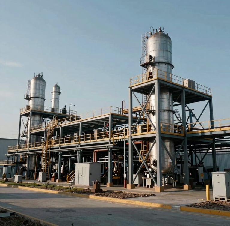 Vista de ángulo contrapicado de una planta industrial de alta tecnología con líneas estructurales limpias de acero y hormigón bajo luz diurna fría y sombras marcadas.