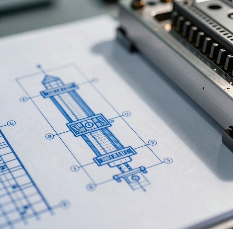 Macro close-up of technical schematics on a high-precision manufacturing floor, cool natural daylight, sharp blue blueprint lines, high-contrast shadows, architectural precision.
